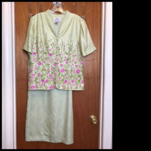 Adrianna Papell Silk Formal Citrus Beaded Green & Pink 2 Piece Skirt Set Size 14